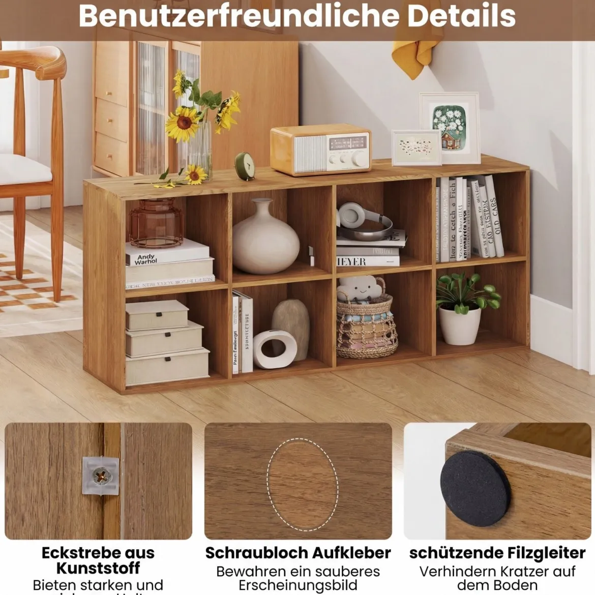 Bücherregal mit 8 Fächern freistehender Bücherschrank mit Kippshutz & rutschfesten Füßen Aufbewahrungsregal Natur