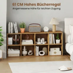 Bücherregal mit 8 Fächern freistehender Bücherschrank mit Kippshutz & rutschfesten Füßen Aufbewahrungsregal Natur