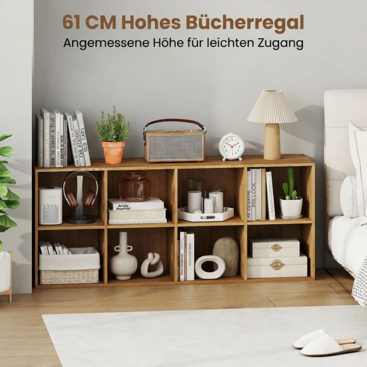 Bücherregal mit 8 Fächern freistehender Bücherschrank mit Kippshutz & rutschfesten Füßen Aufbewahrungsregal Natur