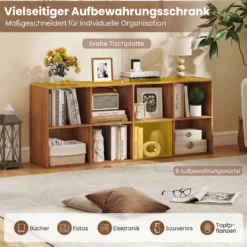 Bücherregal mit 8 Fächern freistehender Bücherschrank mit Kippshutz & rutschfesten Füßen Aufbewahrungsregal Natur