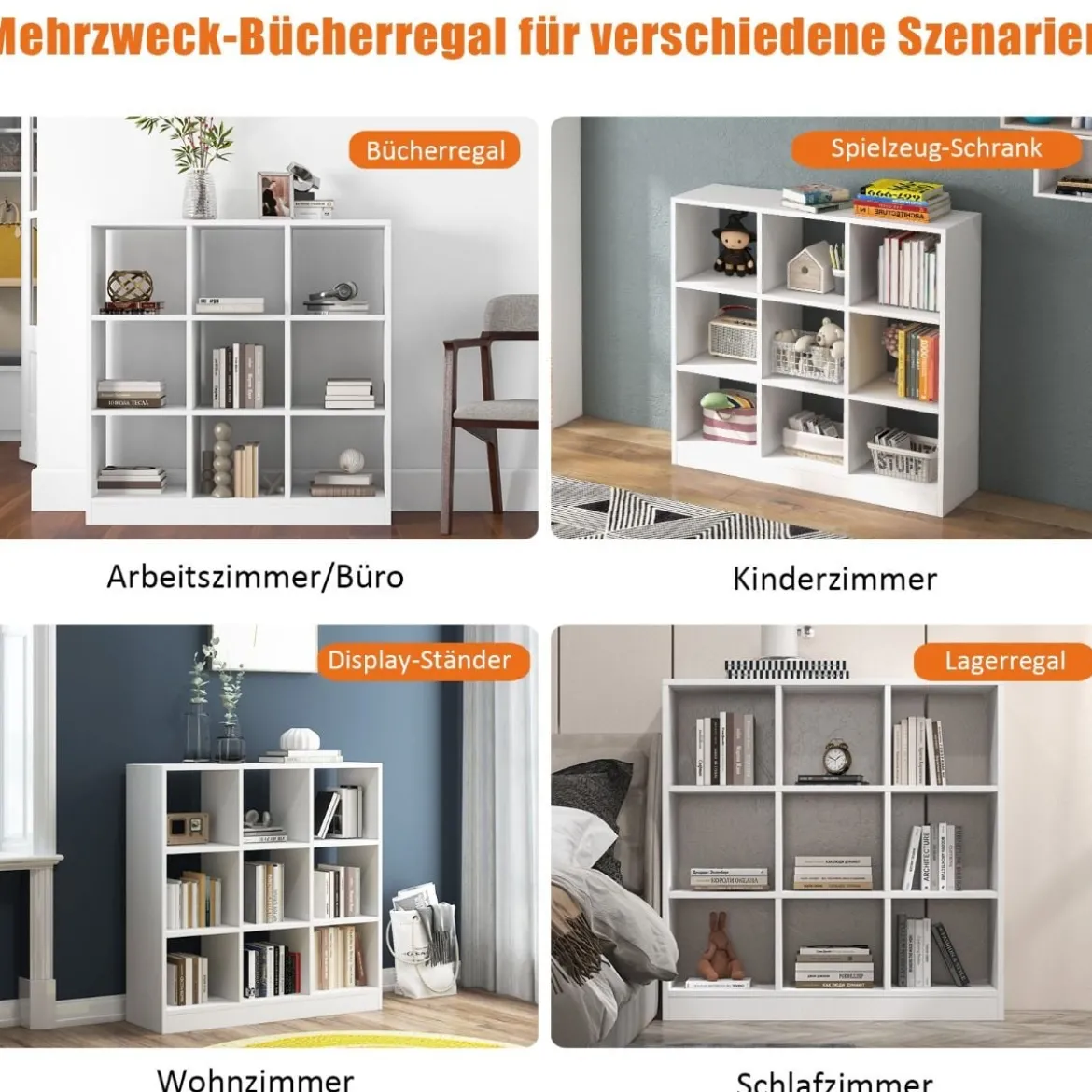 Bücherregal mit 9 Fächern Raumteiler Regal Würfelregal Standregal 107,5 x 33 x 107,5 cm Weiß