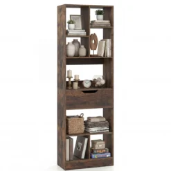 Bücherregal mit 8 Fächern & Schublade Bücherschrank mit Rutschfesten Fußkappen 50 x 24 x 155 cm