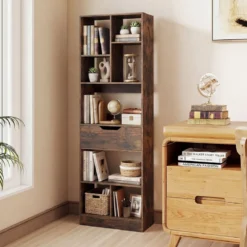 Bücherregal mit 8 Fächern & Schublade Bücherschrank mit Rutschfesten Fußkappen 50 x 24 x 155 cm