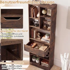 Bücherregal mit 8 Fächern & Schublade Bücherschrank mit Rutschfesten Fußkappen 50 x 24 x 155 cm
