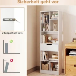 Bücherregal mit 8 Fächern & Schublade Bücherschrank mit Rutschfesten Fußkappen 50 x 24 x 155 cm