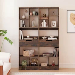 Bücherregal mit 8 Fächern & Schublade Bücherschrank mit Rutschfesten Fußkappen 50 x 24 x 155 cm