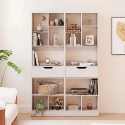 Bücherregal mit 8 Fächern & Schublade Bücherschrank mit Rutschfesten Fußkappen 50 x 24 x 155 cm
