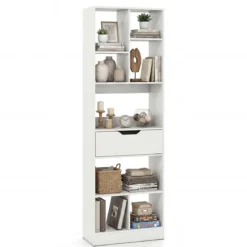 Bücherregal mit 8 Fächern & Schublade Bücherschrank mit Rutschfesten Fußkappen 50 x 24 x 155 cm