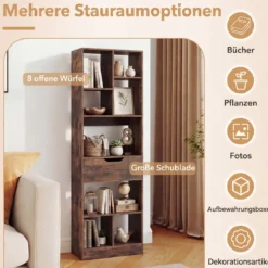 Bücherregal mit 8 Fächern & Schublade Bücherschrank mit Rutschfesten Fußkappen 50 x 24 x 155 cm