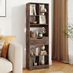 Bücherregal mit 8 Fächern & Schublade Bücherschrank mit Rutschfesten Fußkappen 50 x 24 x 155 cm
