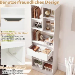 Bücherregal mit 8 Fächern & Schublade Bücherschrank mit Rutschfesten Fußkappen 50 x 24 x 155 cm