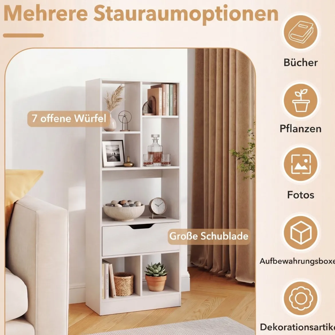 Bücherregal mit 7 Fächern & Schublade Bücherschrank mit Rutschfesten Fußkappen 50 x 24 x 130 cm