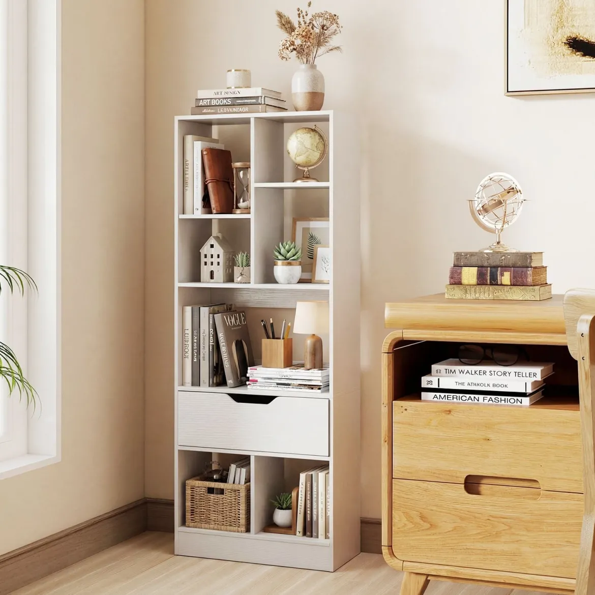 Bücherregal mit 7 Fächern & Schublade Bücherschrank mit Rutschfesten Fußkappen 50 x 24 x 130 cm