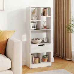 Bücherregal mit 7 Fächern & Schublade Bücherschrank mit Rutschfesten Fußkappen 50 x 24 x 130 cm