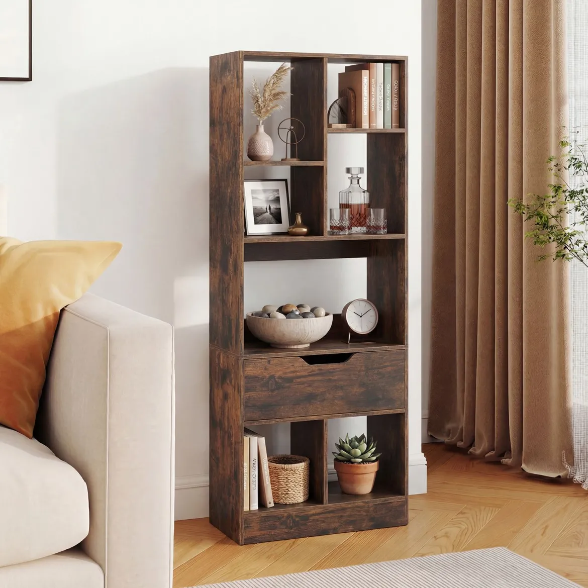 Bücherregal mit 7 Fächern & Schublade Bücherschrank mit Rutschfesten Fußkappen 50 x 24 x 130 cm