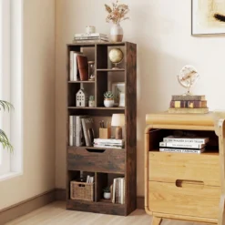 Bücherregal mit 7 Fächern & Schublade Bücherschrank mit Rutschfesten Fußkappen 50 x 24 x 130 cm