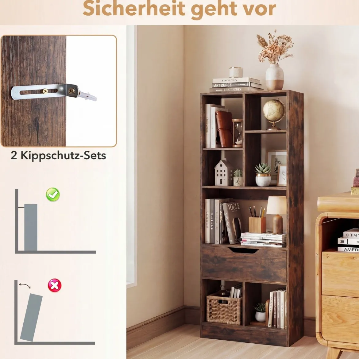 Bücherregal mit 7 Fächern & Schublade Bücherschrank mit Rutschfesten Fußkappen 50 x 24 x 130 cm