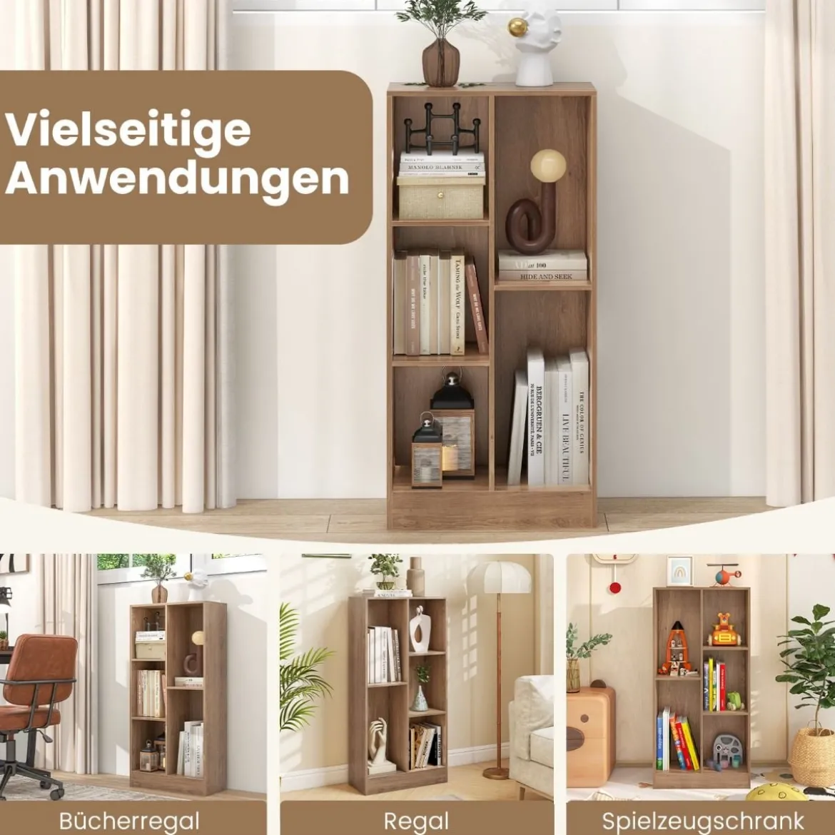 Bücherregal mit 5 Fächern Standregal Würfelregal Büroregal Aufbewahrungregal 50 x 24 x 104 cm Weiß/Natur