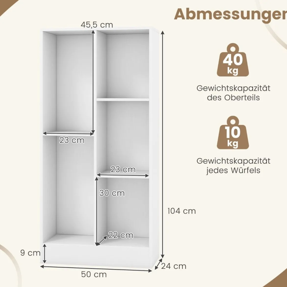 Bücherregal mit 5 Fächern Standregal Würfelregal Büroregal Aufbewahrungregal 50 x 24 x 104 cm Weiß/Natur
