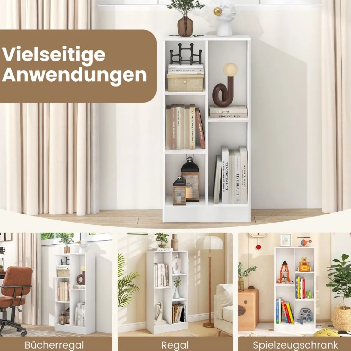 Bücherregal mit 5 Fächern Standregal Würfelregal Büroregal Aufbewahrungregal 50 x 24 x 104 cm Weiß/Natur
