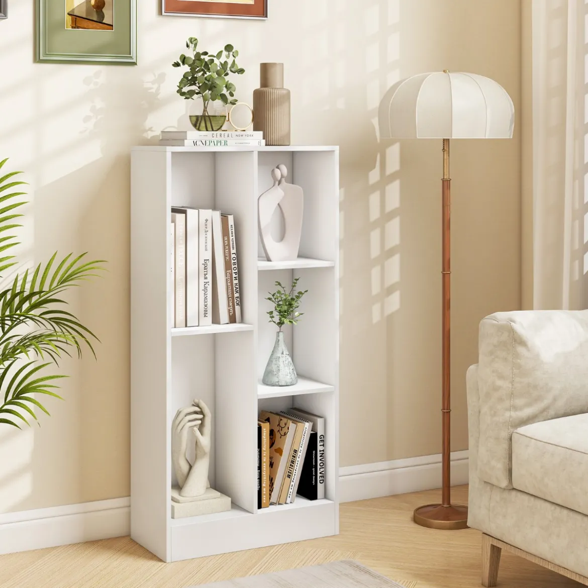 Bücherregal mit 5 Fächern Standregal Würfelregal Büroregal Aufbewahrungregal 50 x 24 x 104 cm Weiß/Natur