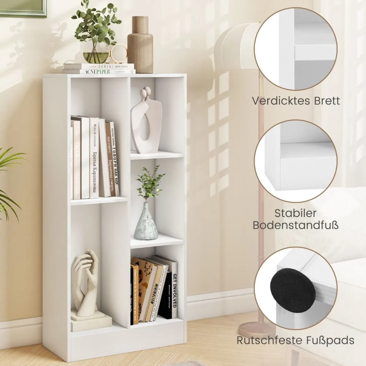 Bücherregal mit 5 Fächern Standregal Würfelregal Büroregal Aufbewahrungregal 50 x 24 x 104 cm Weiß/Natur