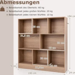 Bücherregal mit 8 Fächern Standregal mit 3 Ebenen Würfelregal Büroregal Aufbewahrungregal 100 x 24 x 104 cm Weiß/Natur