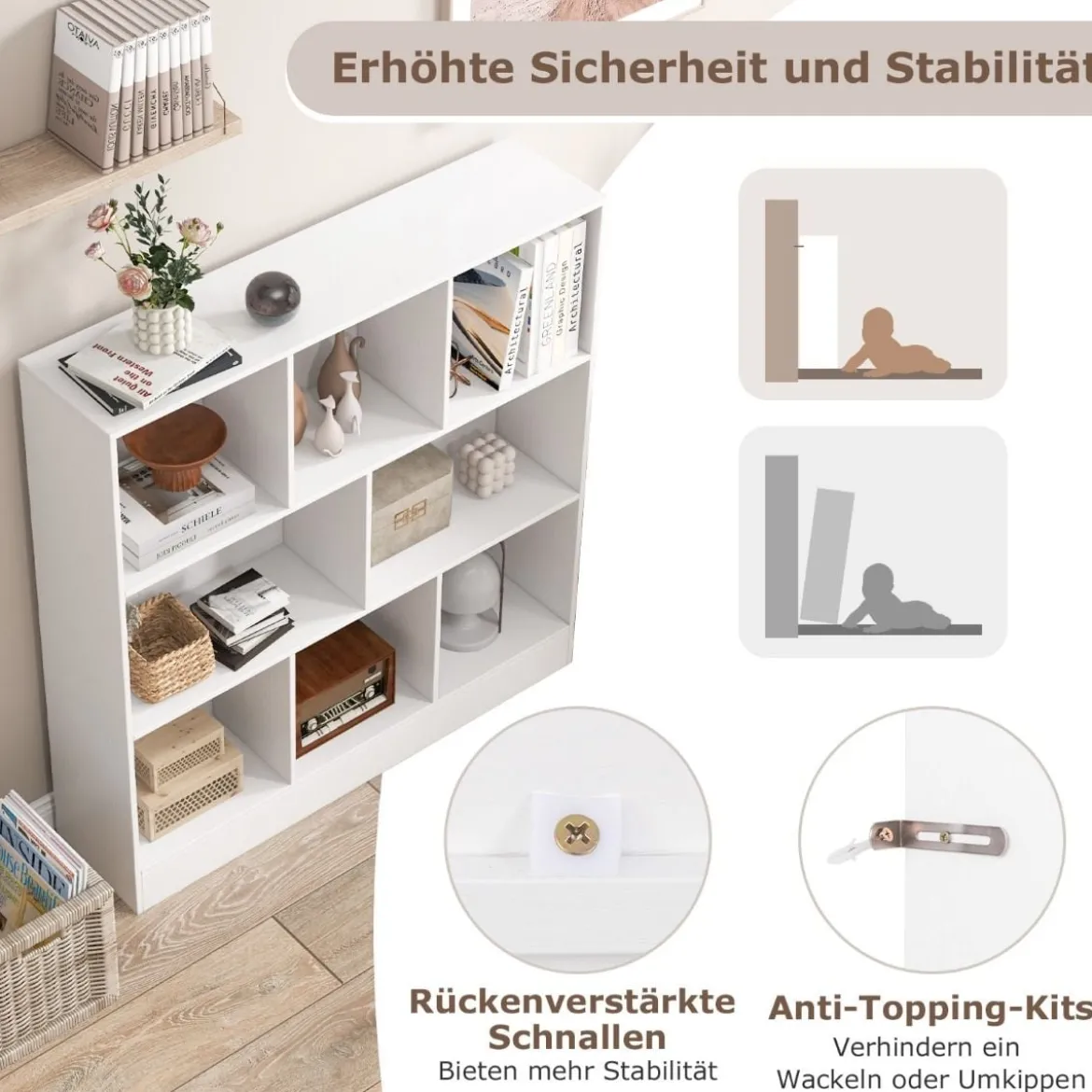 Bücherregal mit 8 Fächern Standregal mit 3 Ebenen Würfelregal Büroregal Aufbewahrungregal 100 x 24 x 104 cm Weiß/Natur