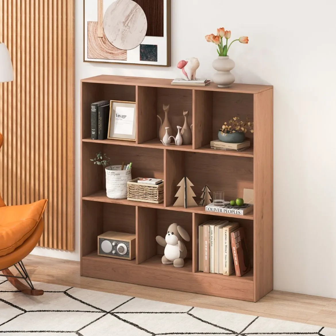 Bücherregal mit 8 Fächern Standregal mit 3 Ebenen Würfelregal Büroregal Aufbewahrungregal 100 x 24 x 104 cm Weiß/Natur