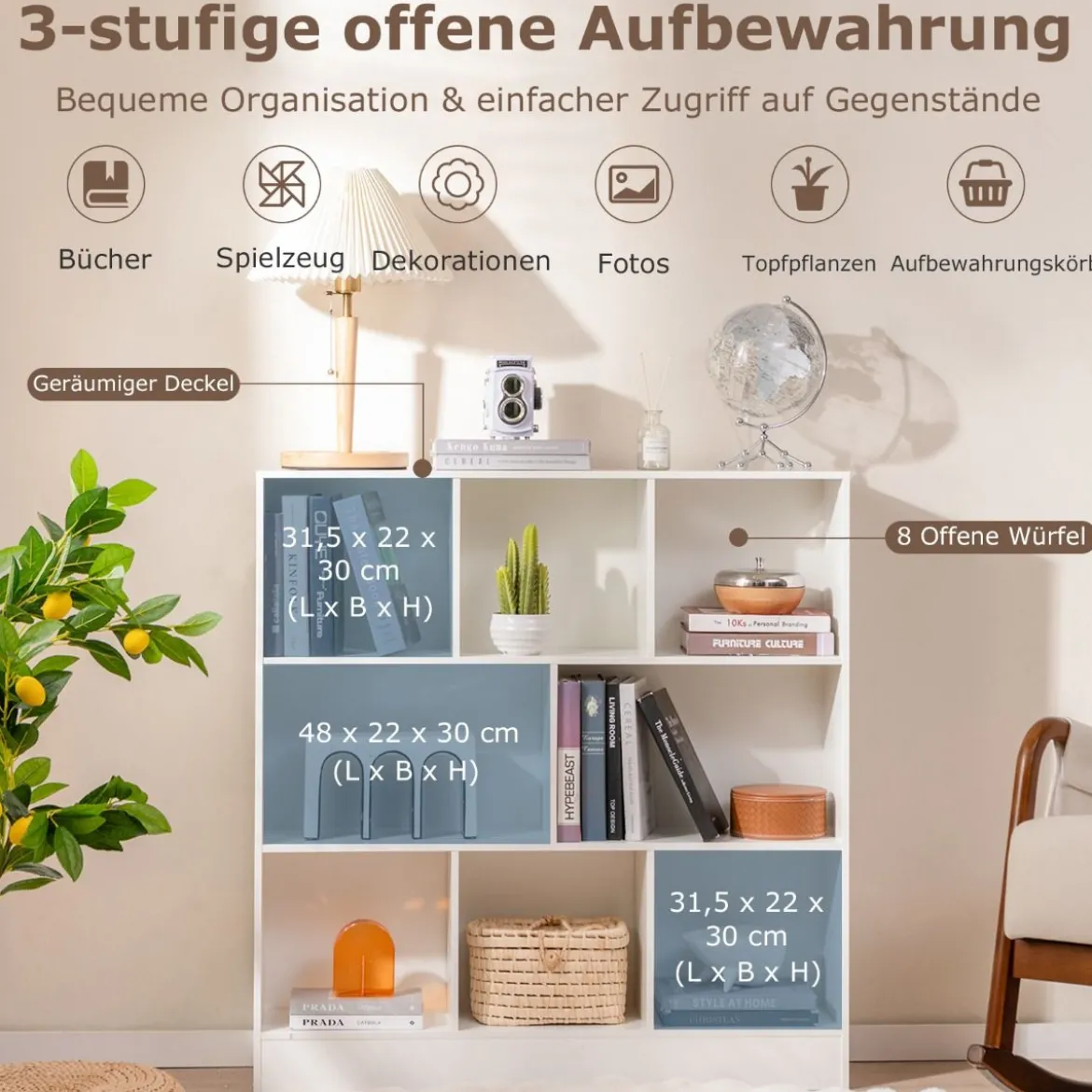 Bücherregal mit 8 Fächern Standregal mit 3 Ebenen Würfelregal Büroregal Aufbewahrungregal 100 x 24 x 104 cm Weiß/Natur
