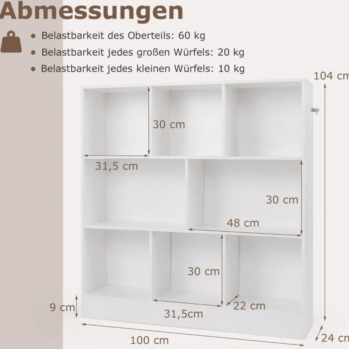Bücherregal mit 8 Fächern Standregal mit 3 Ebenen Würfelregal Büroregal Aufbewahrungregal 100 x 24 x 104 cm Weiß/Natur