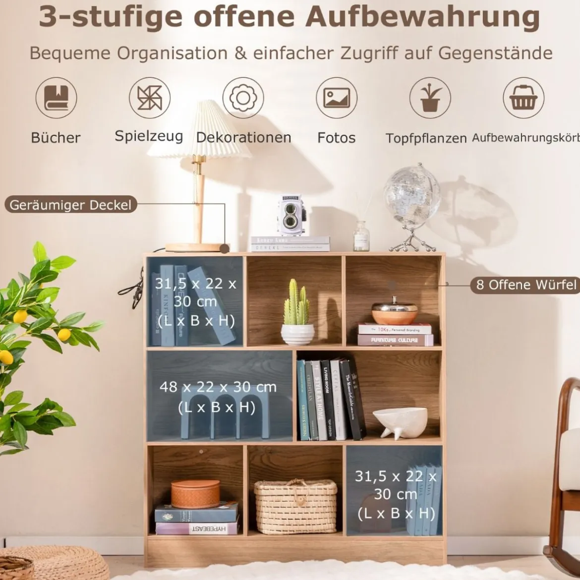 Bücherregal mit 8 Fächern Standregal mit 3 Ebenen Würfelregal Büroregal Aufbewahrungregal 100 x 24 x 104 cm Weiß/Natur