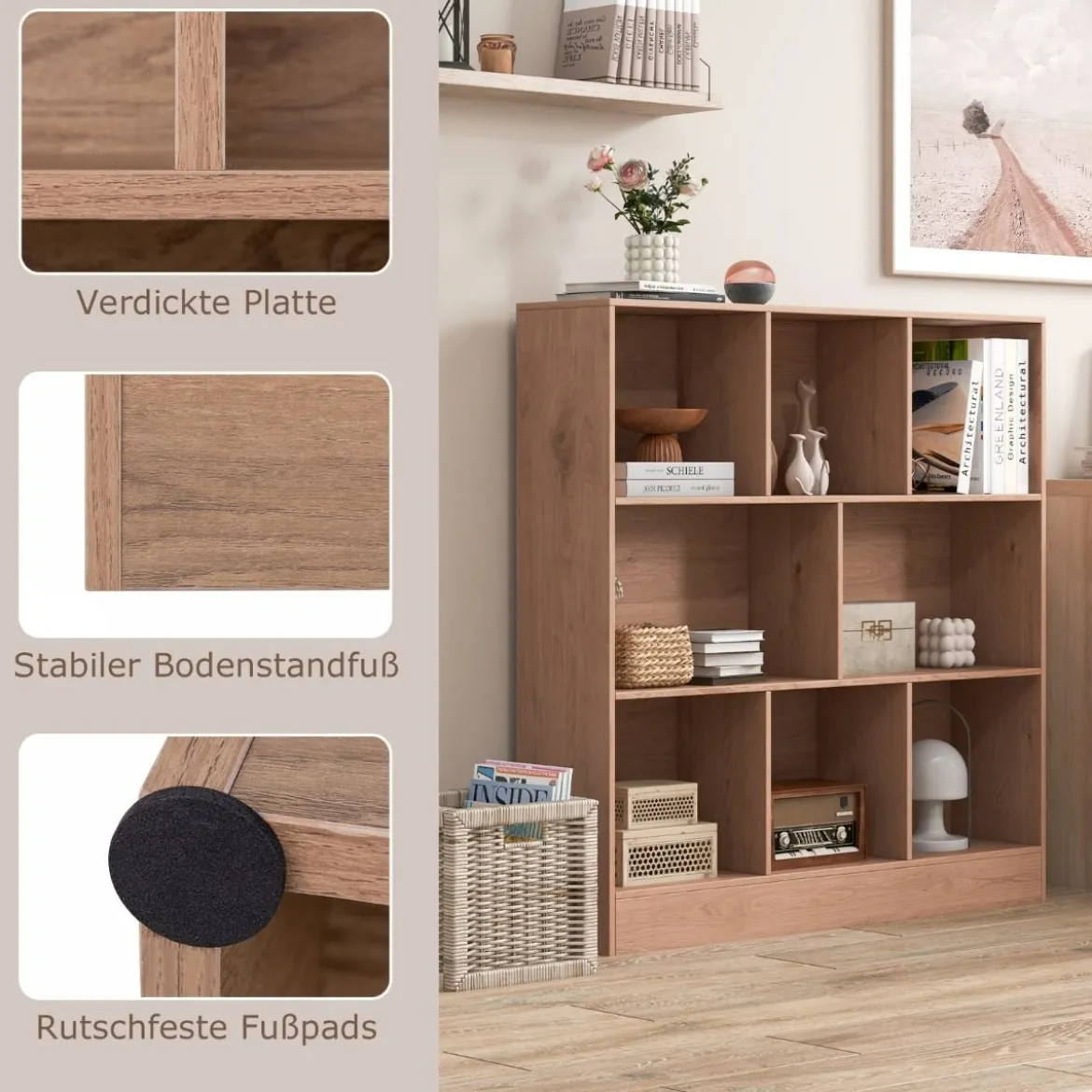 Bücherregal mit 8 Fächern Standregal mit 3 Ebenen Würfelregal Büroregal Aufbewahrungregal 100 x 24 x 104 cm Weiß/Natur