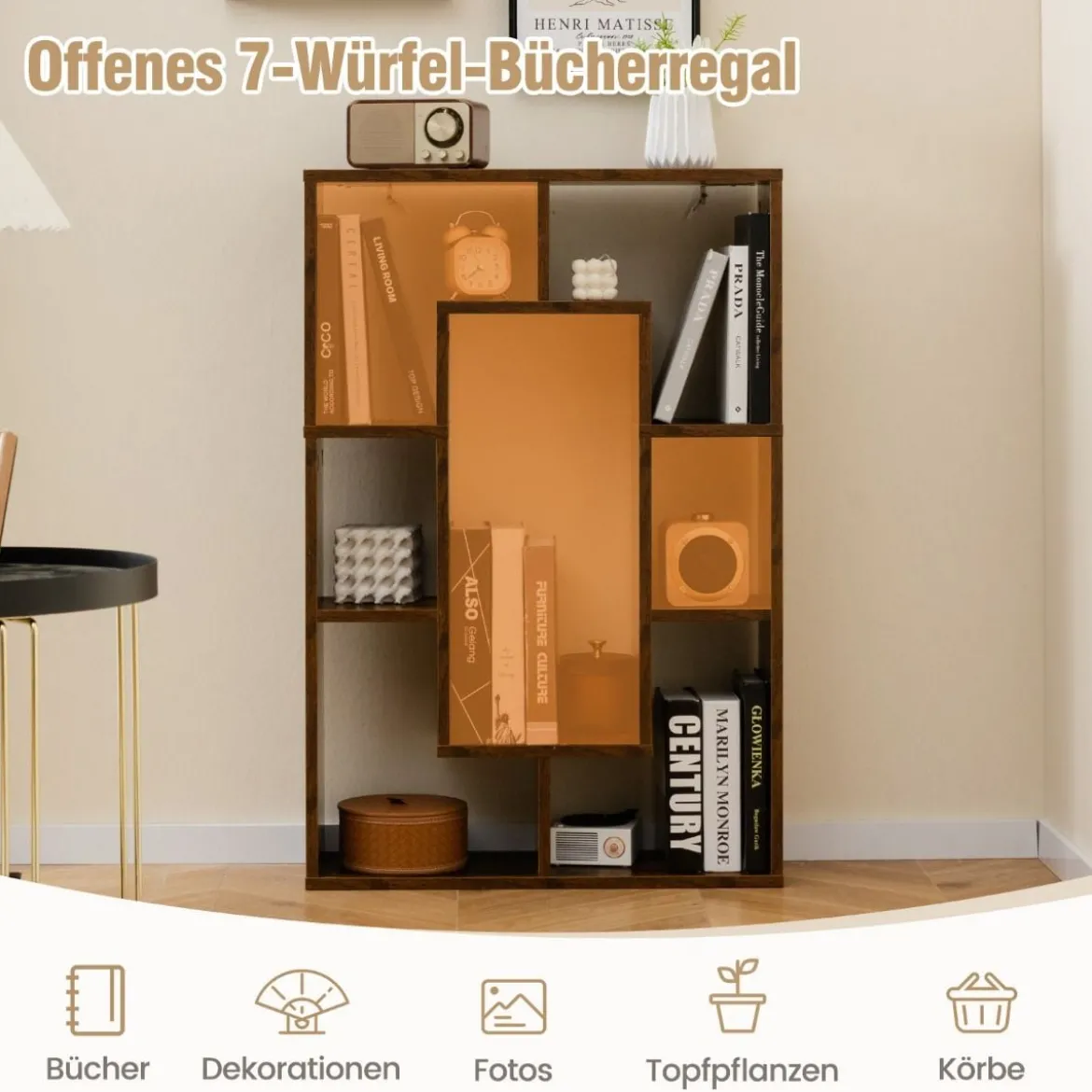 Bücherregal mit 7 Fächern Standregal Raumteiler Regal Würfelregal mit Kippschutz 60 x 20 x 90 cm