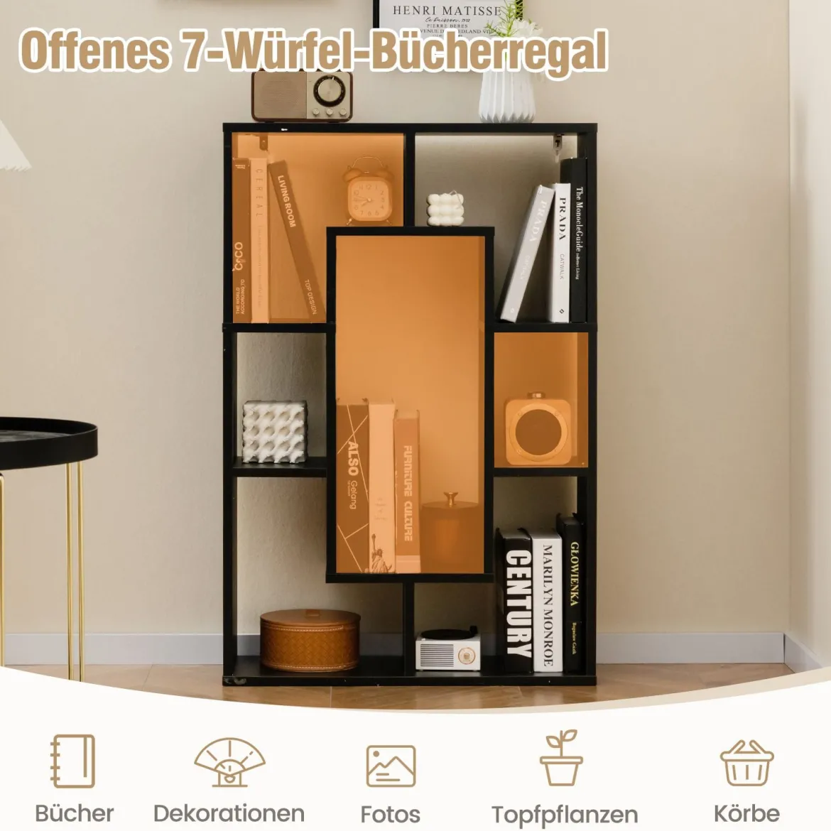 Bücherregal mit 7 Fächern Standregal Raumteiler Regal Würfelregal mit Kippschutz 60 x 20 x 90 cm