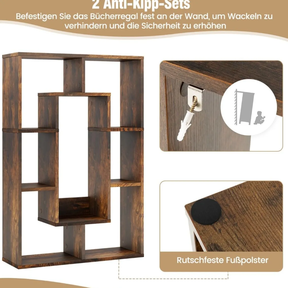 Bücherregal mit 7 Fächern Standregal Raumteiler Regal Würfelregal mit Kippschutz 60 x 20 x 90 cm