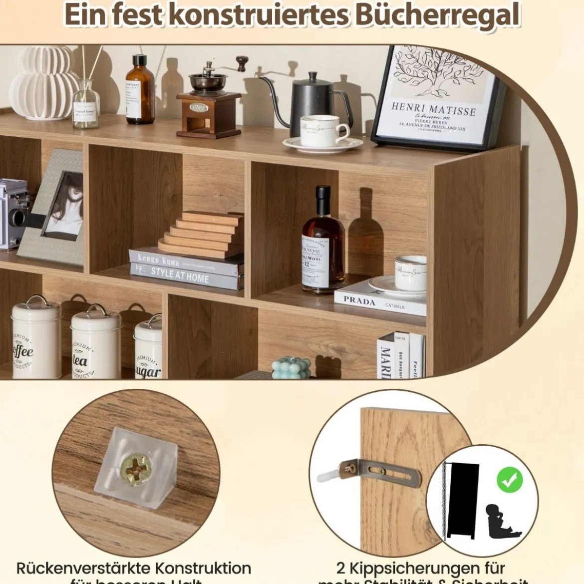 Bücherregal mit 8 Fächern Standregal mit 3 Ebenen Würfelregal 122 x 32 x 93 cm Natur