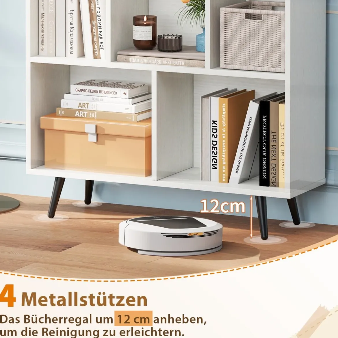 Bücherregal mit Fächern Standregal mit 3 Ebenen & Holzbeine Würfelregal Büroregal 80 cm