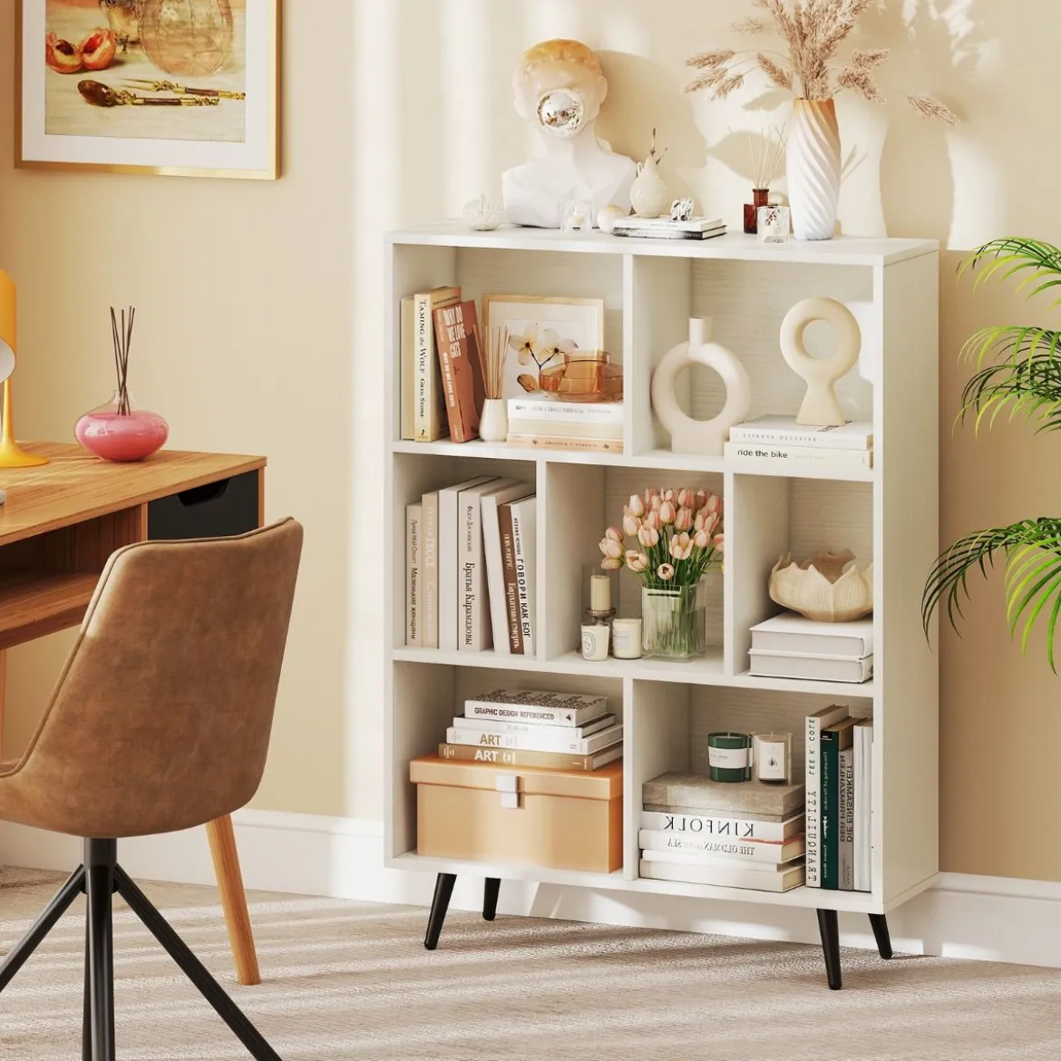 Bücherregal mit Fächern Standregal mit 3 Ebenen & Holzbeine Würfelregal Büroregal 80 cm