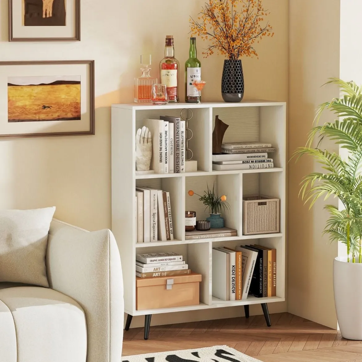 Bücherregal mit Fächern Standregal mit 3 Ebenen & Holzbeine Würfelregal Büroregal 80 cm
