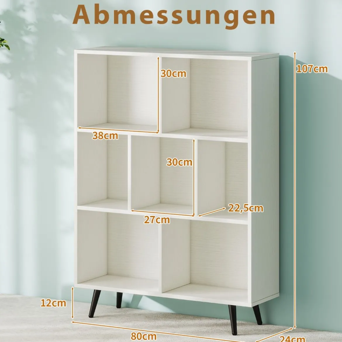 Bücherregal mit Fächern Standregal mit 3 Ebenen & Holzbeine Würfelregal Büroregal 80 cm