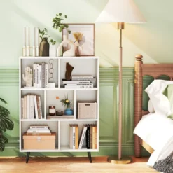 Bücherregal mit Fächern Standregal mit 3 Ebenen & Holzbeine Würfelregal Büroregal 80 cm