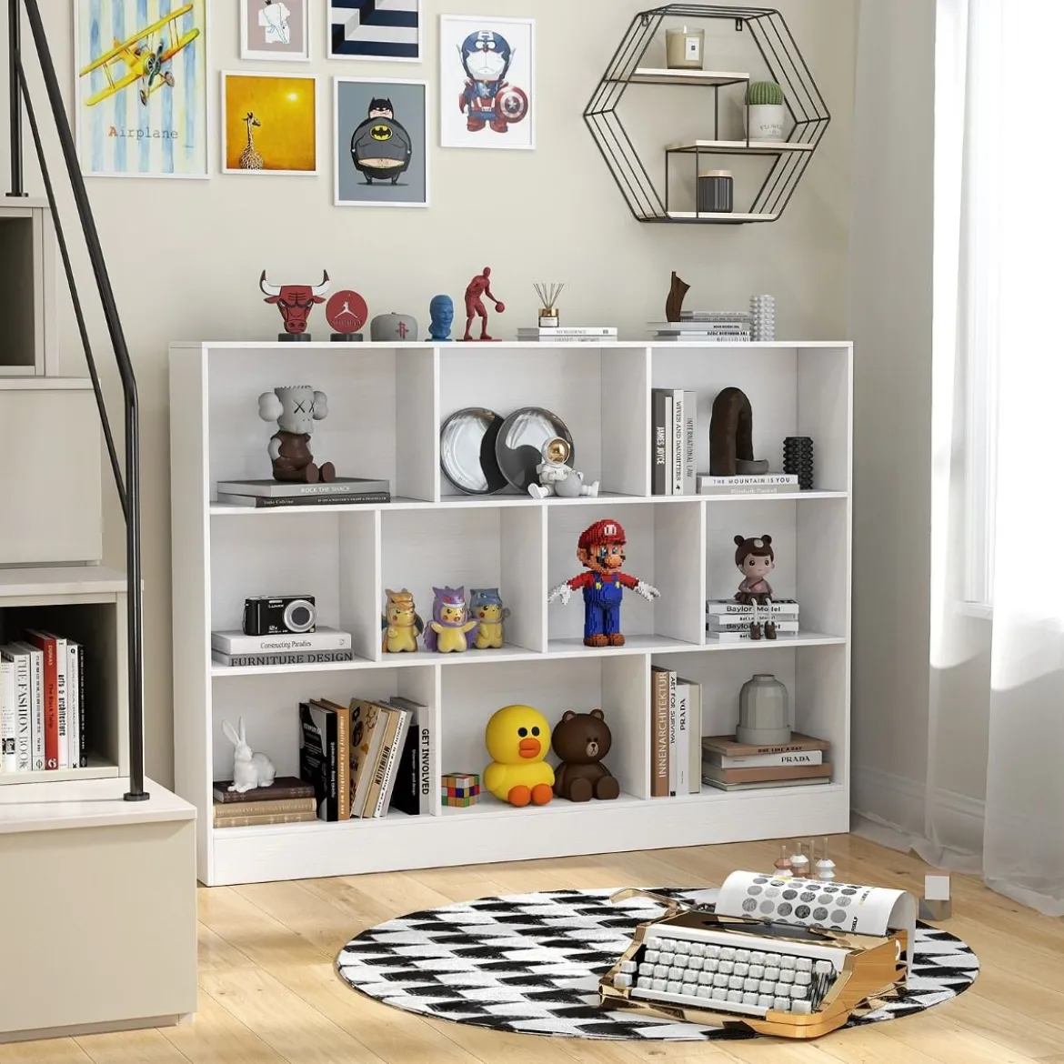 Bücherregal mit 10 Fächern Standregal mit 3 Ebenen Würfelregal Büroregal 140 x 24 x 104 cm Natur/Weiß