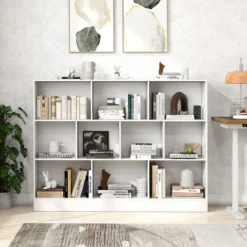 Bücherregal mit 10 Fächern Standregal mit 3 Ebenen Würfelregal Büroregal 140 x 24 x 104 cm Natur/Weiß