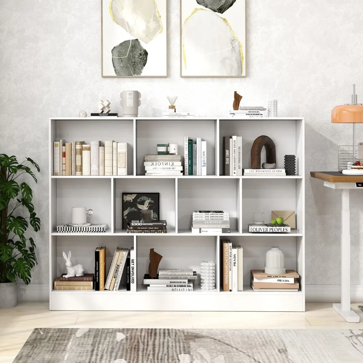 Bücherregal mit 10 Fächern Standregal mit 3 Ebenen Würfelregal Büroregal 140 x 24 x 104 cm Natur/Weiß