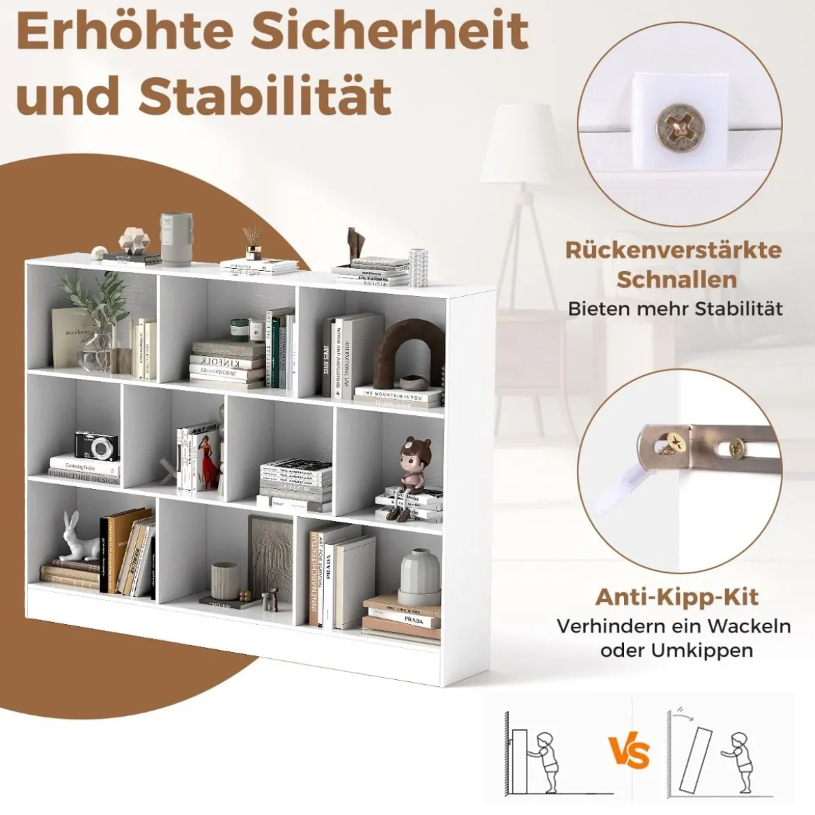 Bücherregal mit 10 Fächern Standregal mit 3 Ebenen Würfelregal Büroregal 140 x 24 x 104 cm Natur/Weiß