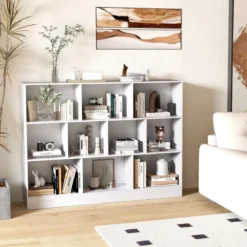 Bücherregal mit 10 Fächern Standregal mit 3 Ebenen Würfelregal Büroregal 140 x 24 x 104 cm Natur/Weiß