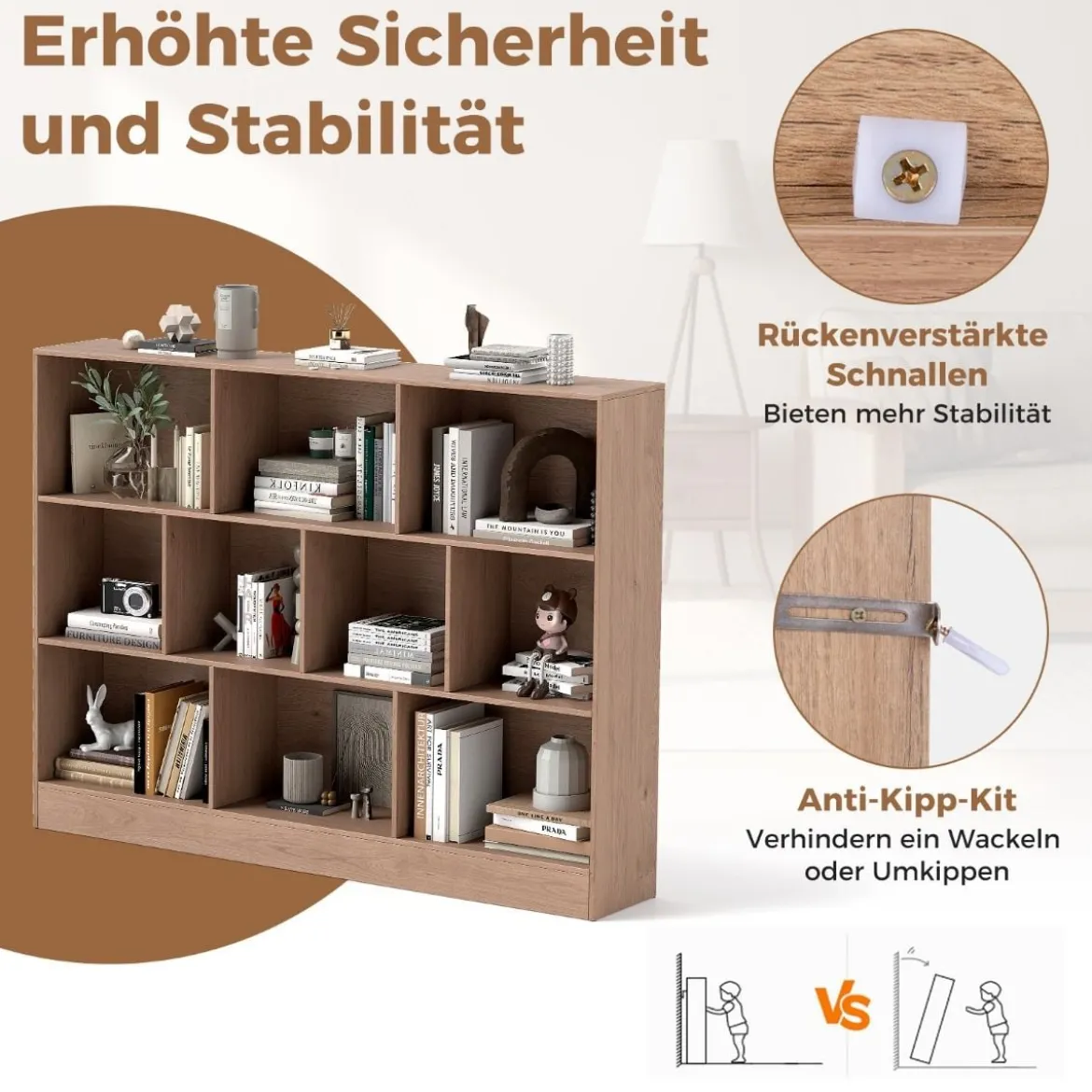 Bücherregal mit 10 Fächern Standregal mit 3 Ebenen Würfelregal Büroregal 140 x 24 x 104 cm Natur/Weiß