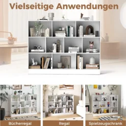 Bücherregal mit 10 Fächern Standregal mit 3 Ebenen Würfelregal Büroregal 140 x 24 x 104 cm Natur/Weiß