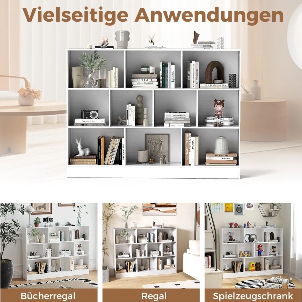 Bücherregal mit 10 Fächern Standregal mit 3 Ebenen Würfelregal Büroregal 140 x 24 x 104 cm Natur/Weiß